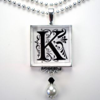 Initial Letter K Monogram Pearl Charm Pendant Necklace
