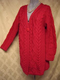 Aran Crafts Irish Aran Cardigan Sweater Red Merino Longer Length M