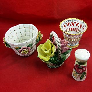  Italian Ceramics Mixed Lot Includes Capo Di Monte Two Rose Basket
