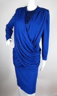 Vintage 1980s Blue Sequin Draped Grecian Cocktail Party Dress M L