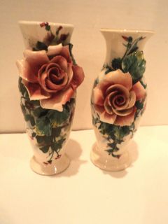 Pair of Antique Italian Hand Sculpted Rose Vases, Hand Painted and