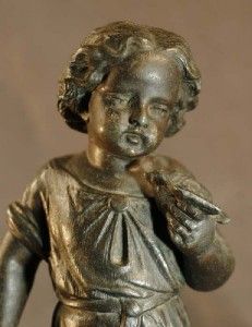 Antique Victorian Bronze Metal Spelter Little Flower Girl with Bird