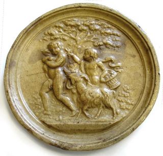 Antique Sculpture Plaque Medallion c1850 Waxed Carved Plaster Cherubs
