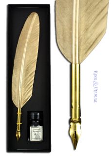 Small Metallic Gold Italian Feather Quill Pen and Ink Set