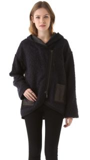 Rebecca Taylor Boucle Hooded Coat with Leather Trim