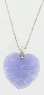 Vintage Sterling Flower Carved Lavender Jade Heart Necklace