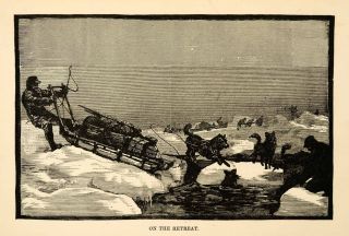 1882 Steel Engraving Dog Sled Jeannette North Pole Arctic Expedition