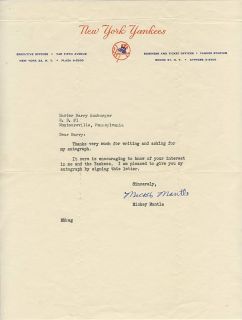 Mickey Mantle Signed Vintage NY Yankees Letter TLS JSA