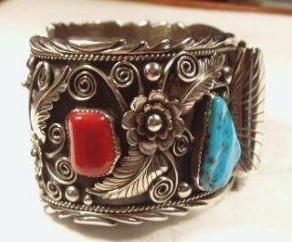  Sterling Turquoise Coral Watch Cuff Bracelet James Lee Navajo