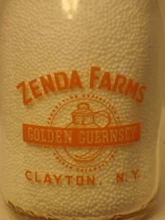 TRPP Milk Bottle Zenda Farms Dairy Clayton NY 1942 Golden Guernsey Jug