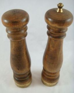 Vintage Tall Wooden Salt Shaker Pepper Mill Grinder Brass Tone Metal