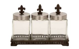 Glass Metal Jar Set w/ Chevron Tops Decorative Kitchen or Bath Storage