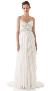 Marchesa Strapless Draped Dress with Embroidered Bodice