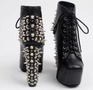 Jeffrey Campbell New Lita Silver Spike Black Leather Ankle Boots Shoes