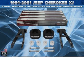 84 01 Jeep Cherokee XJ 2+ 2 Lift Kit, Transfer Case Drop, Shackles