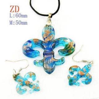  Ladys Murano Lampwork Glass Blue Fleur de lis Pendant Earring Necklace
