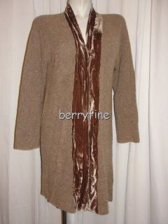 BFS12~J. JILL Size M/Medium Brown Velvet Trim Shawl Merino Wool LS