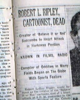 Robert Ripleys Believe It or not Odd Facts Cartoonist Death 1949 NY