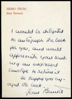 Joan Bennett Vintage Original Signed Handwritten Note ANS Autographed