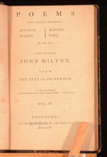 1776 4VOL The Poetical Works of John Milton from Text of Dr Newton