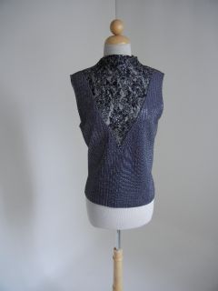 St John Gray Black Herringbone Knit w Sequins Jewels on Lace Trim Blouse Top 8  