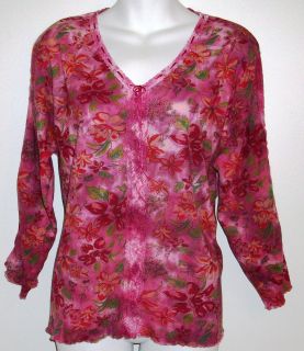 St John's Bay XL Tie Dye Floral Design Top Crocheted Embellishment Long Sleeve  