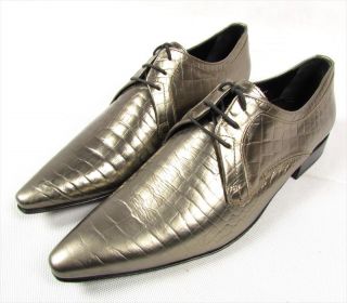 DOLCE GABBANA Exotic Shine dress shoes lace up leather D G silber gray NWT  