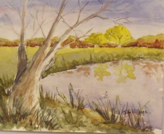 John Billings WC 8x10 White Bark Tree Pond Green Meadow Thicket of Trees  