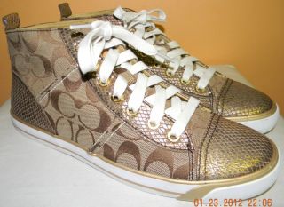 New Coach Indiana Khaki Signature Bronze Snake Skin Embossed Sneakers Sz 8 5 M  