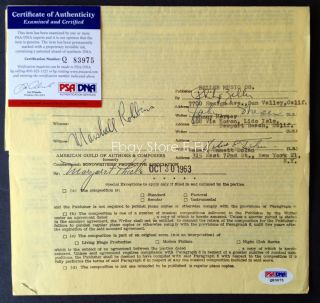 Johnny Mercer RARE Signed Music Contract 1963 Auto PSA DNA Certified Autograph  