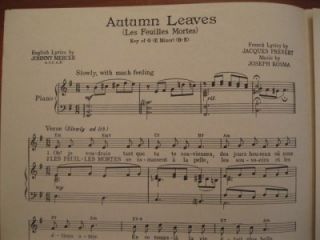 Vintage Autumn Leaves Sheet Music 1950 Johnny Mercer Les Feuilles Mortes O  