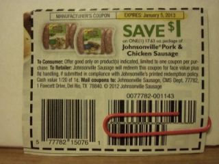 15 Johnsonville Pork Chicken Sausage Save $1 00 Coupons Exp 1 5 2013  
