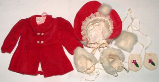 1950s Terri Lee Original Tagged Outfit for 16" Doll Red Velvet Coat Hat w Fur  