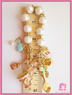 Betsey Johnson Tea Party Fork Spoon Cake Cup Crystal Pearl GD Bracelet  