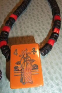 Red Coral Chips Bakelite mAh Jong Honor Tile Necklace  