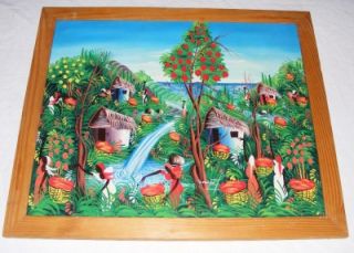 Vintage Signed Joseph L Haitian Primitive Oil on Canvas Painting Village Life  