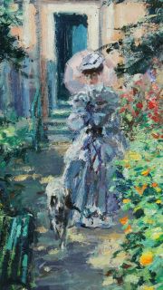 Hans Joseph Wilhem Becker Impressionist Lady w Dog Floral Garden Painting  