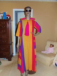 Vtg 60s RARE Josefa Stunning Mexican Color Block Hooded Cotton Caftan Maxi Dress  