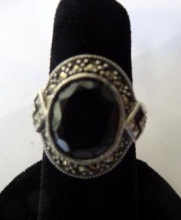 JUDITH JACK STERLING SILVER MARCASITE RING with A BLACK STONE  