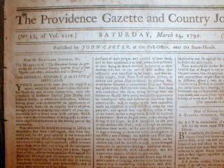 1792 Rhode Island Newspaper Providence Gazette Slave Revolution in Haiti Begins  
