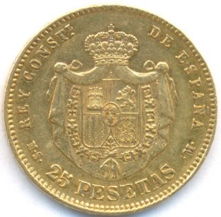 1880 Gold 25 Pesetas Spain Scarce Date 8 06 Grams  