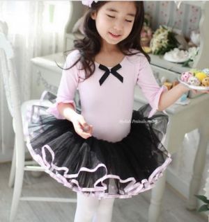 Girl Party Leotard Ballet Tutu Costume Dance Dress 3 8Y Middle Sleeve Pink Black  