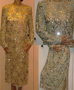 Judith Ann Creation Silver Gold Beads Sequins on Off White Ivory Silk Gown M  