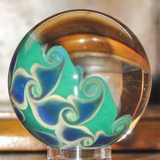 Josh Mazet Iridescent Blue Green Skull Art Glass Marble  