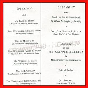 Pan Am Airways 1958 Program to Christen Boeing 707 Jet Clipper Mrs Eisenhower  