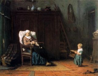 Canvas art reprint 1800s Mothers Helper by Isreal Jozef Tiny child  