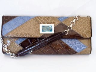 New Kara Ross Patchwork Crocodile Jewel Flap Clutch or Shoulder Bag