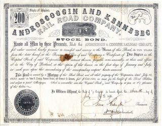 Androscoggin Kennebec Railroad bond certificate issued 1853 A K