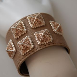 Khufu Beige Leather Wrap Snap Closure Gold Crystal Fashion Wide Cuff