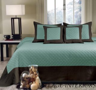 Solid Blue Green Brown Oversize King Quilt Bedspread Shams Set